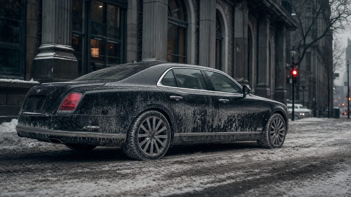 Luxury car covered in Montreal winter road salt