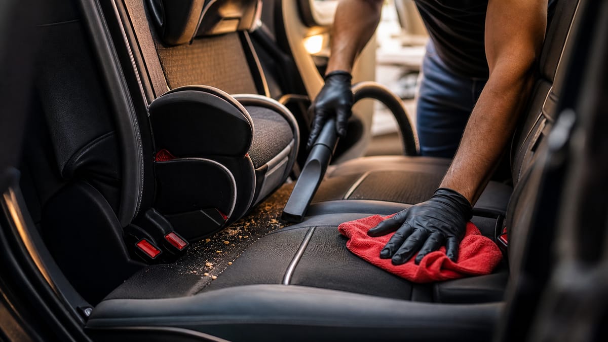 A detailer deep cleaning a car's rear seats and floor