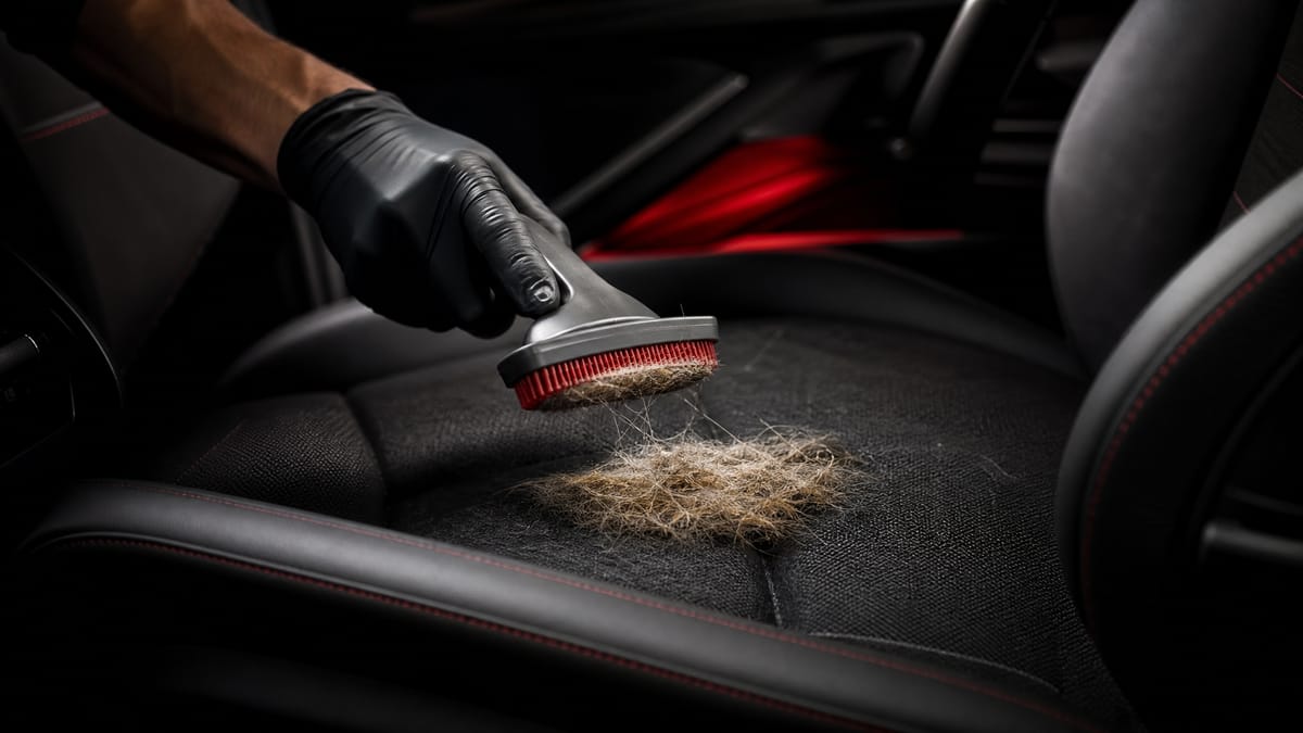 A detailer using professional tools to extract pet hair from car upholstery
