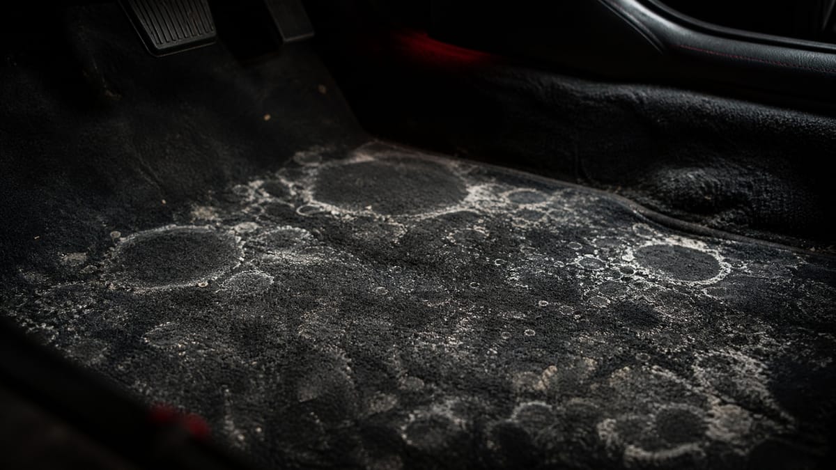 White winter salt stains on a car floor mat